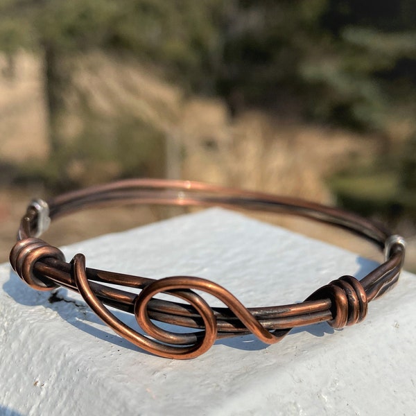 Copper Bangle Rustic Hammered Bracelet Wire Wrapped Jewelry Handmade Mixed Metal