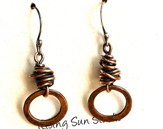 Copper Hoop Earrings, Wire Wrapped Boho Earrings, Hammered Copper Jewelry, Handmade Rustic Trendy Jewelry Modern Hippie Simple Earrings