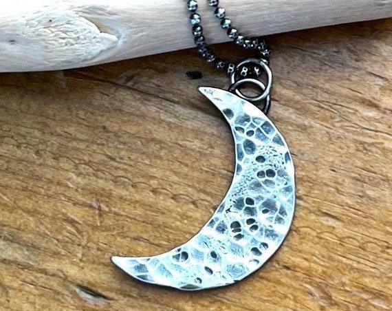Celestial Moon Necklace, Handmade Hammered Artisan Silver Jewelry, Twilight Necklace, Crescent Moon, Modern Trendy Rustic Earthy Zen Jewelry