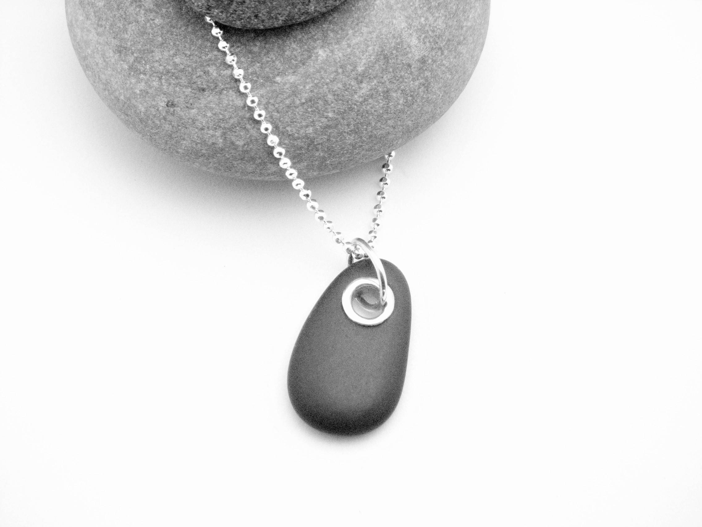 Rock Necklace w/ Beach Stone Rock Pendant in Round Silver Metal Frame