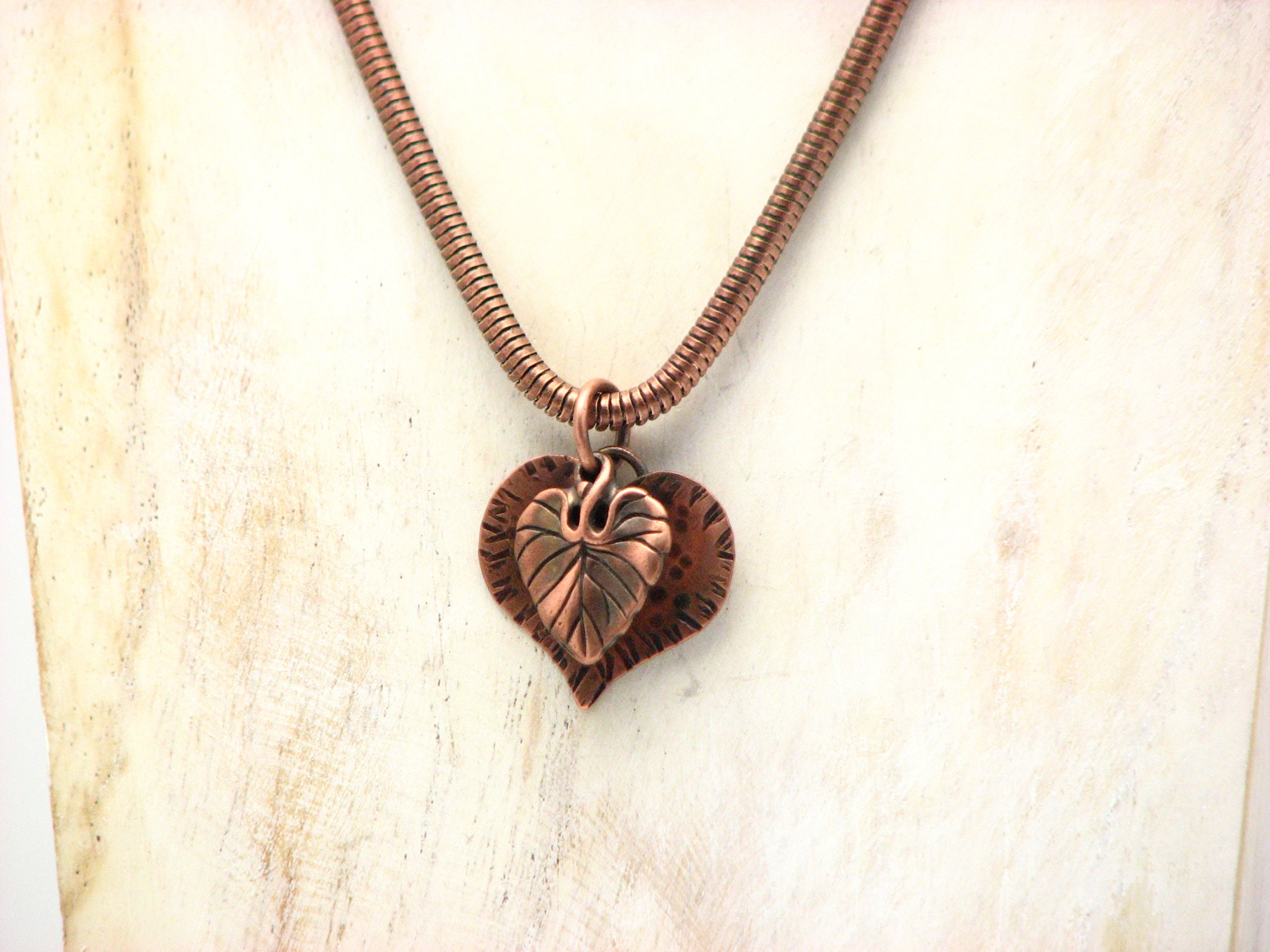 Copper Heart Jewelry Rustic Copper Pendant Leaf Charm Necklace Fall