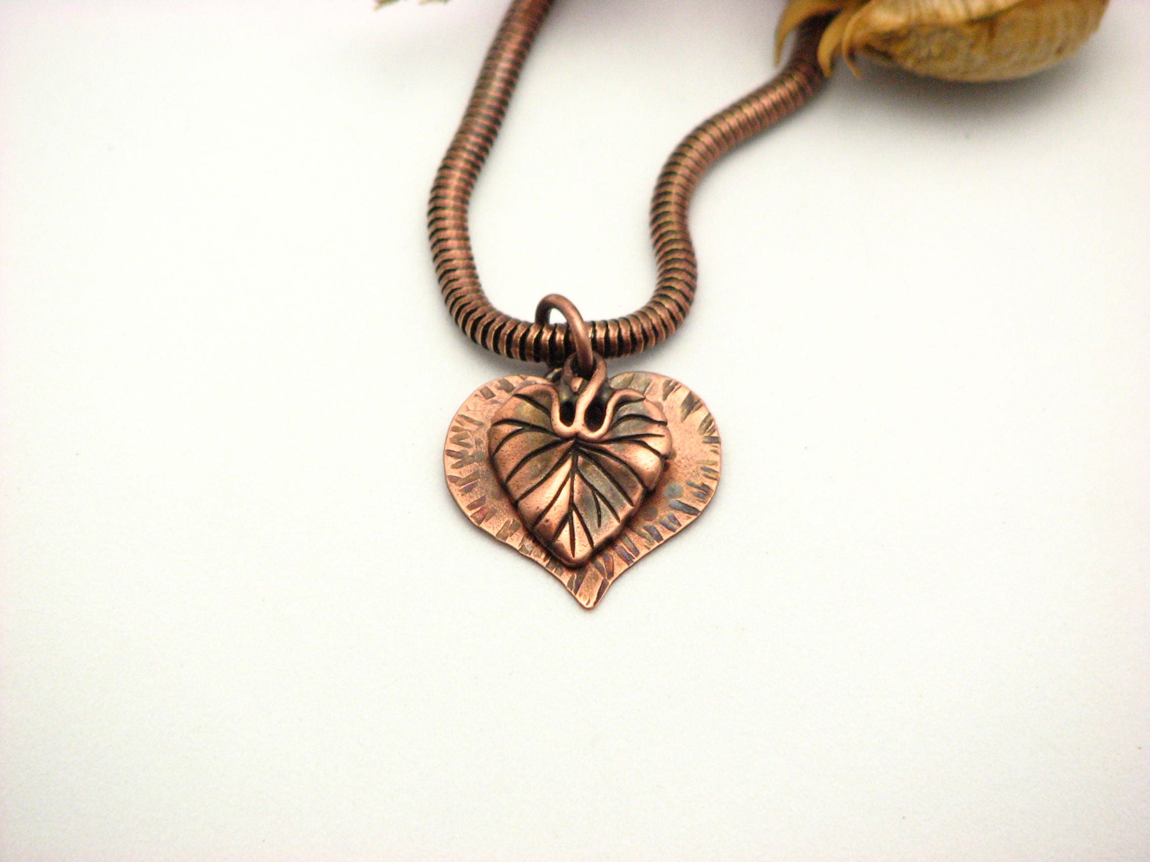 Copper Heart Jewelry Rustic Copper Pendant Leaf Charm Necklace Fall