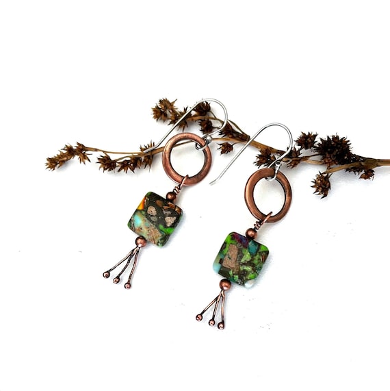 Modern Hippie Hoop Boho Earrings, Southwest Mountain Style, Jasper, Dangle Earrings Rustic, Earthy Nature Jewelry, Handcrafted Artisan Made