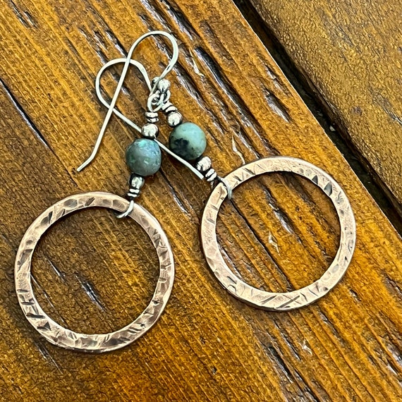 Copper Hoop Boho Earrings, Earthy Turquoise Bead, Hammered Handmade Dangle Earrings, Rustic Trendy Jewelry ,Modern Hippie Simple Earrings