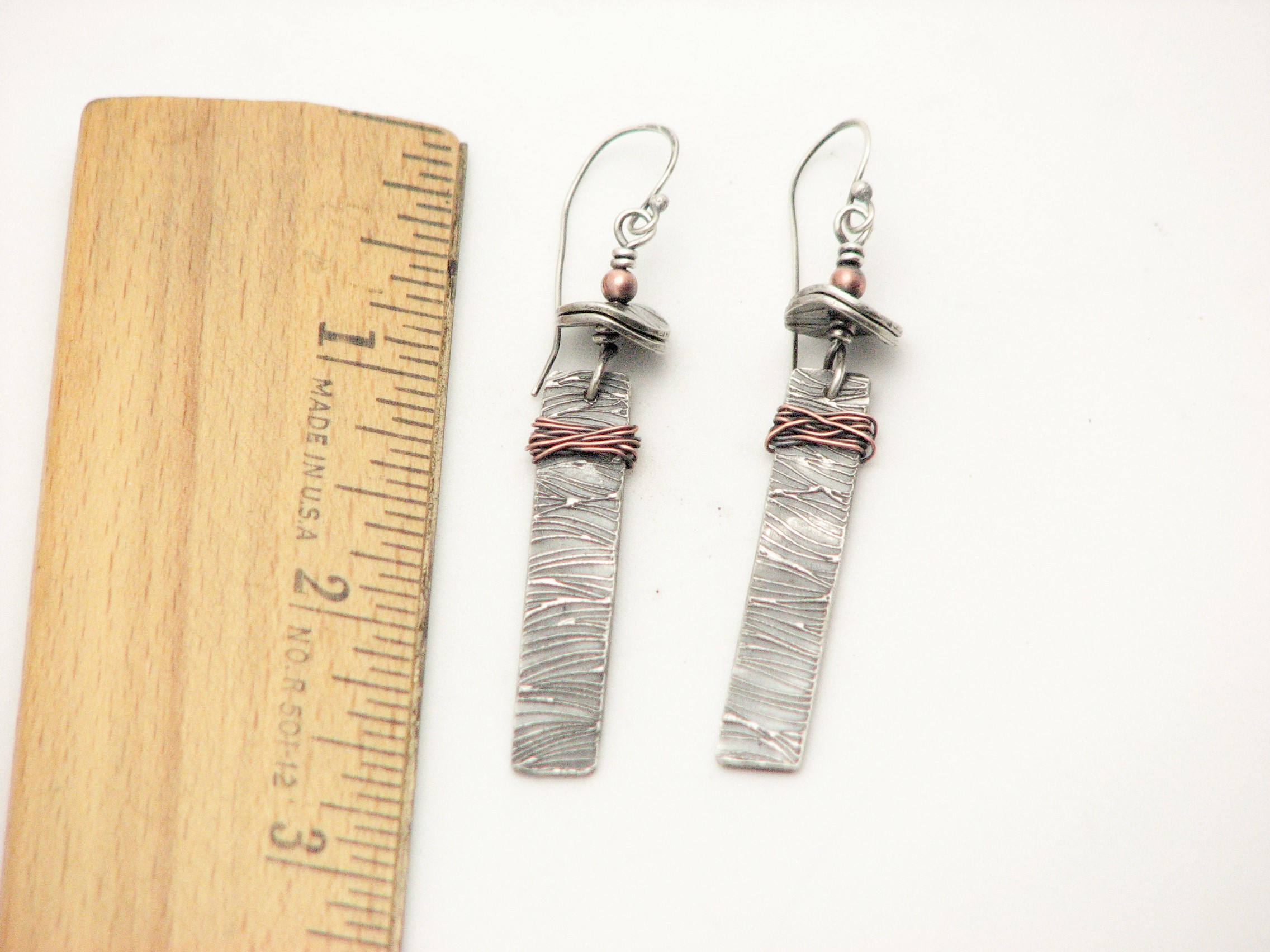 Silver Rectangle Dangle Earrings Mixed Metal Earthy Jewelry Rustic