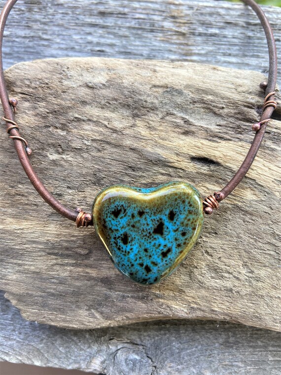 Heart Jewelry, Handmade Rustic Wire Wrapped Copper Leather Necklace, Artisan Made, Blue Green Ceramic Heart Statement Piece Everyday Casual