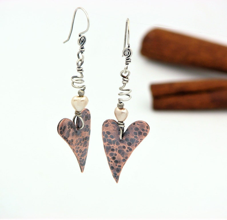 Heart Earrings Copper Jewelry Wire Wrapped Jewelry Hammered Copper Sterling Silver Mixed Metal Earrings Valentines Day