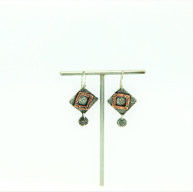 Silver Dangle Earrings Mixed Metal Geometric Everyday Jewelry Modern Edge Bohemian Metal Work Minimalist PMC Eco Friendly Gifts for Her