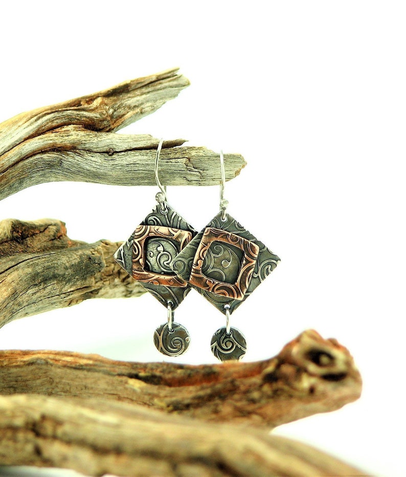 Silver Dangle Earrings Mixed Metal Geometric Everyday Jewelry Modern Edge Bohemian Metal Work Minimalist PMC Eco Friendly Gifts for Her