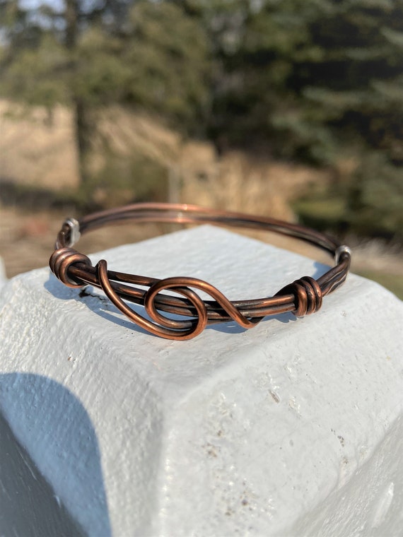 Copper Bangle Rustic Hammered Bracelet Wire Wrapped Jewelry Handmade Mixed Metal