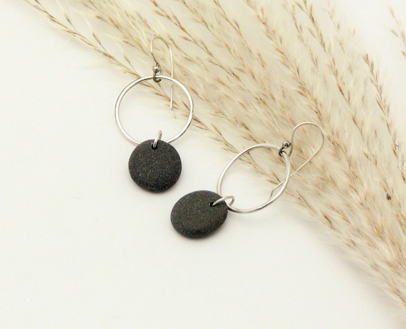 Hoop Earrings Beach Stone Pebble Earrings Sterling Silver Dangle Natural Earthy Rustic Stone Jewelry Organic Elegant Everyday Artisan Made