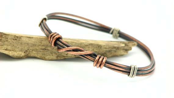 Copper Bangle Bracelet Rustic Wire Wrapped Jewelry Handmade Mixed Metal