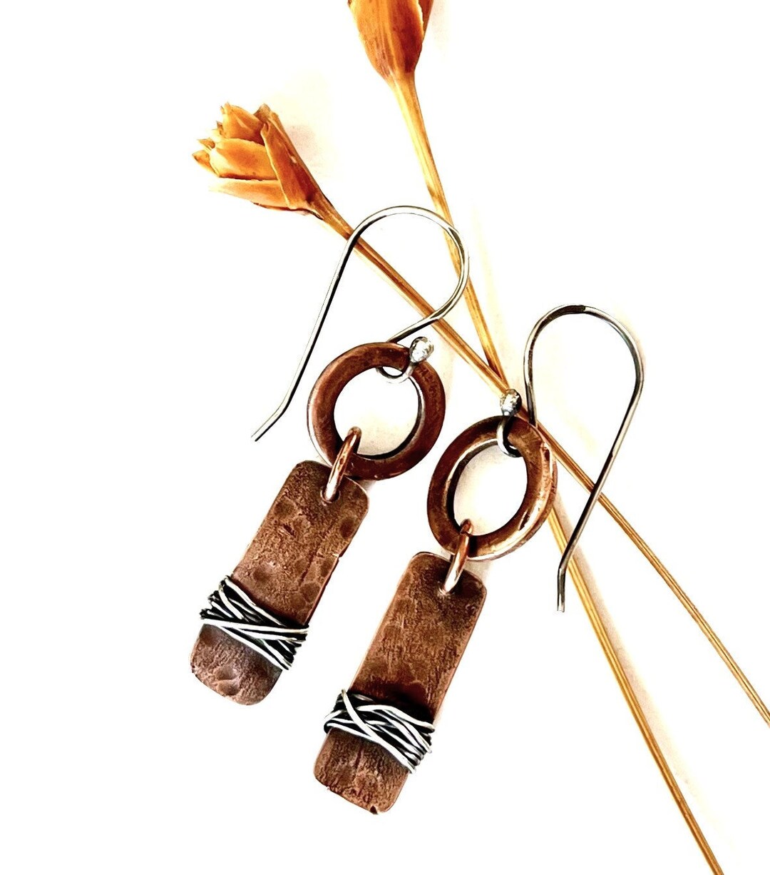 Handmade Copper Earrings Rectangle Mixed Metal Earrings Modern Etsy