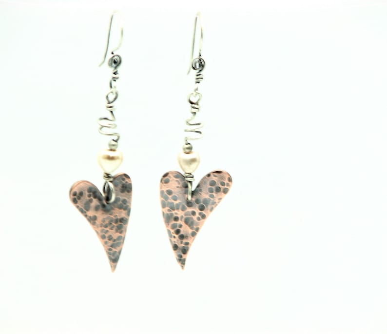Heart Earrings Copper Jewelry Wire Wrapped Jewelry Hammered Copper Sterling Silver Mixed Metal Earrings Valentines Day
