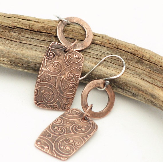 Copper Earrings  Circle Long Dagle Earrings Scroll Motiff  Rustic Copper Zen Earrings Gifts for Her