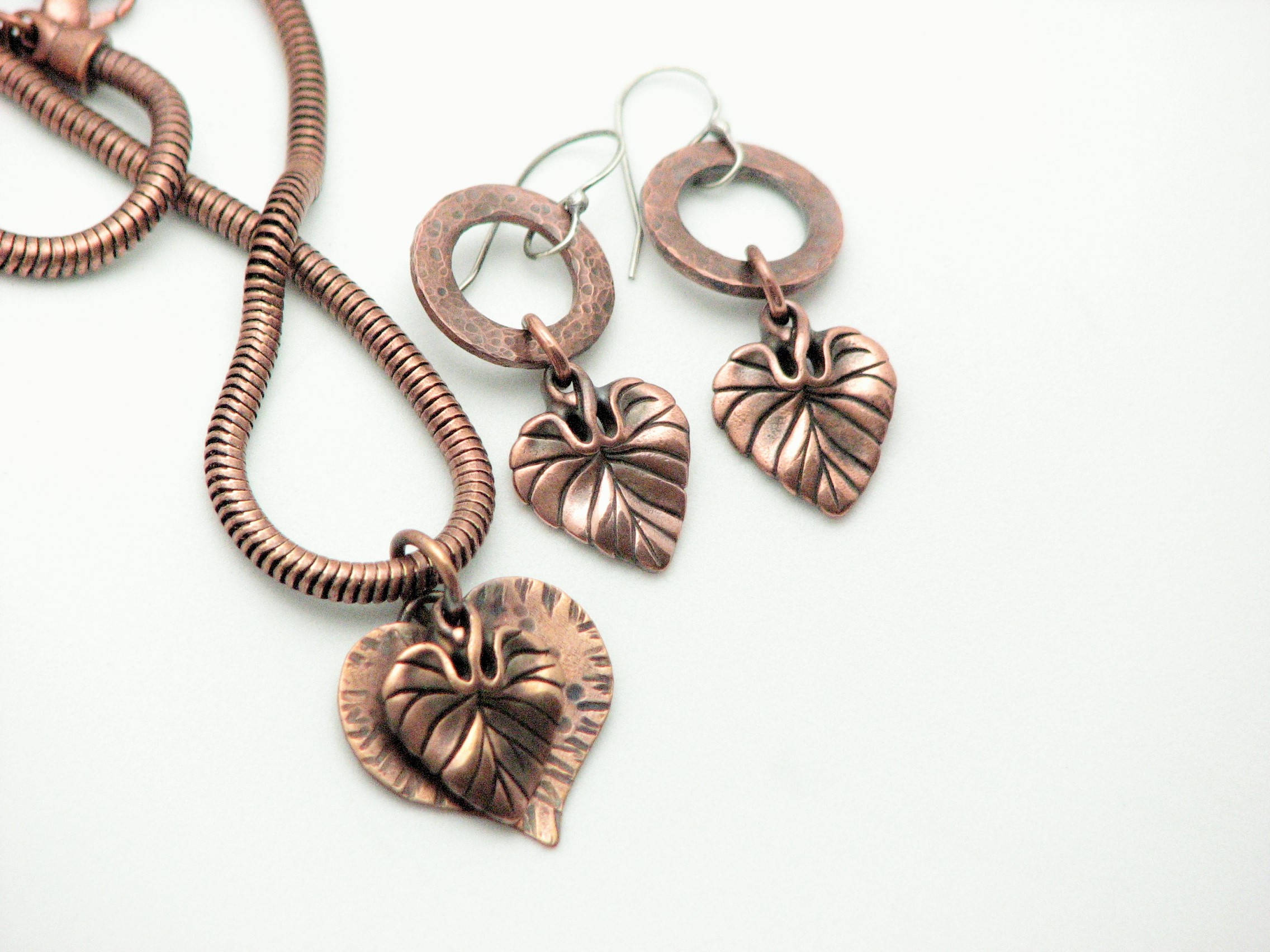 Copper Heart Jewelry Rustic Copper Pendant Leaf Charm Necklace Fall