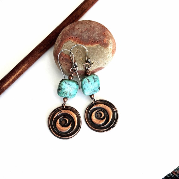 Boho Turquoise Copper Earrings Rustic Organic Artisan Handmade Jewelry Celestial Crescent Moon Zen Healing Jewelry Modern Gifts for Her