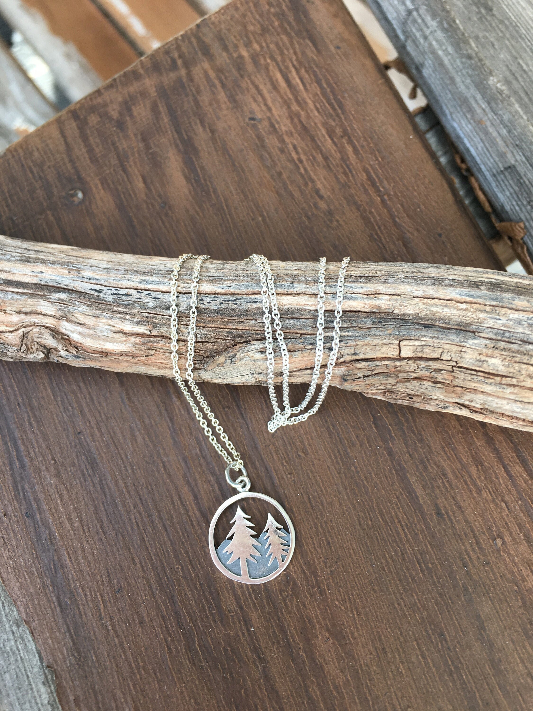 Silver Mountain Range Pine Tree Necklace Simple Jewelry Petite