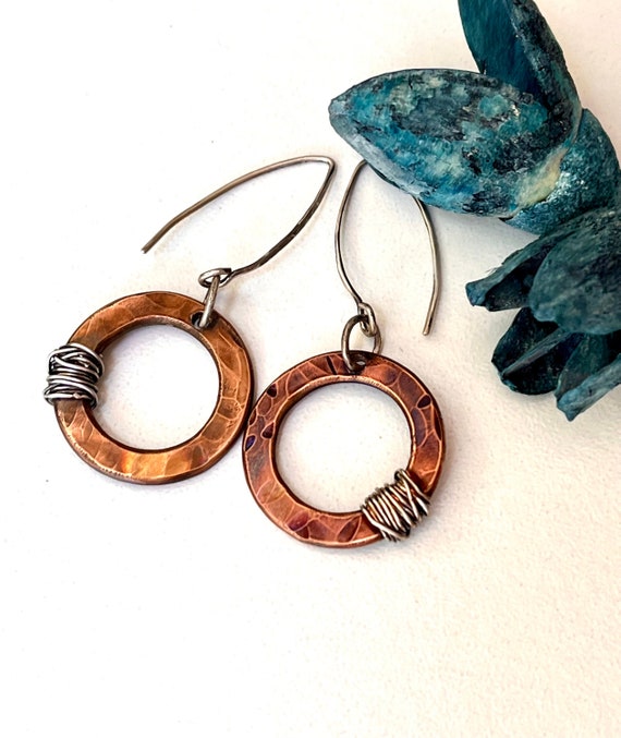 Copper Hoop Boho Earrings, Wire Wrapped, Hammered Handmade Dangle Earrings, Rustic Trendy Jewelry Mixed Metal Modern Hippie Simple Earrings