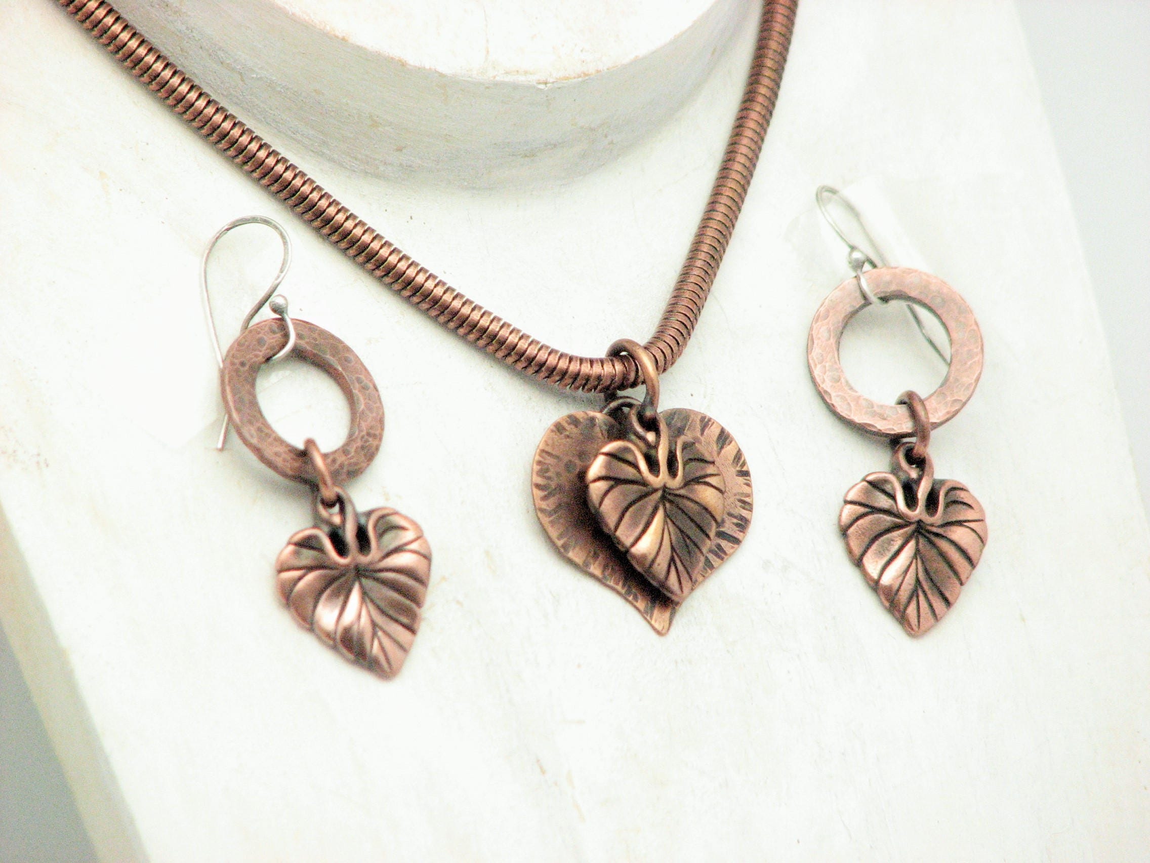 Copper Heart Jewelry Rustic Copper Pendant Leaf Charm Necklace Fall