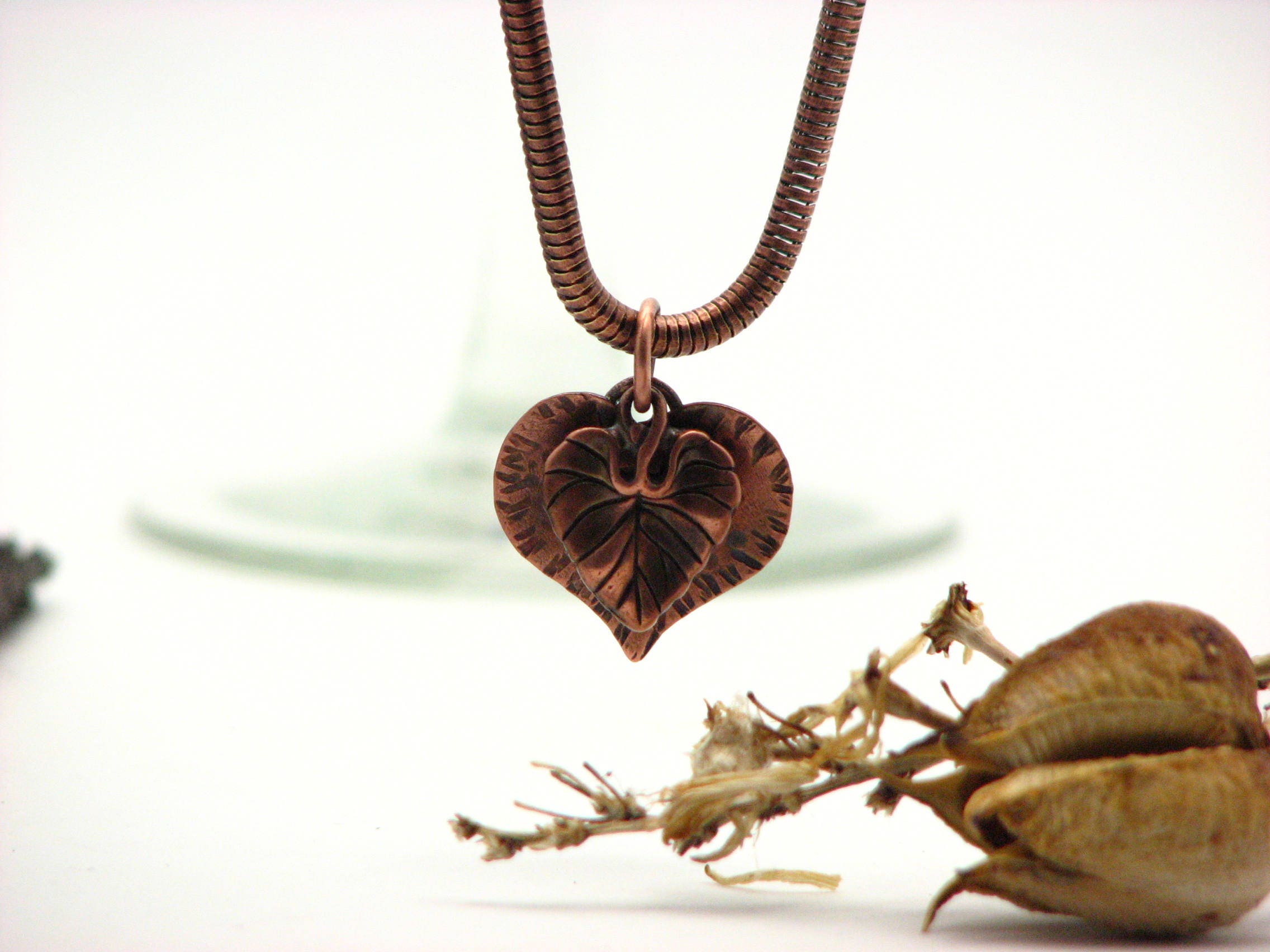 Copper Heart Jewelry Rustic Copper Pendant Leaf Charm Necklace Fall