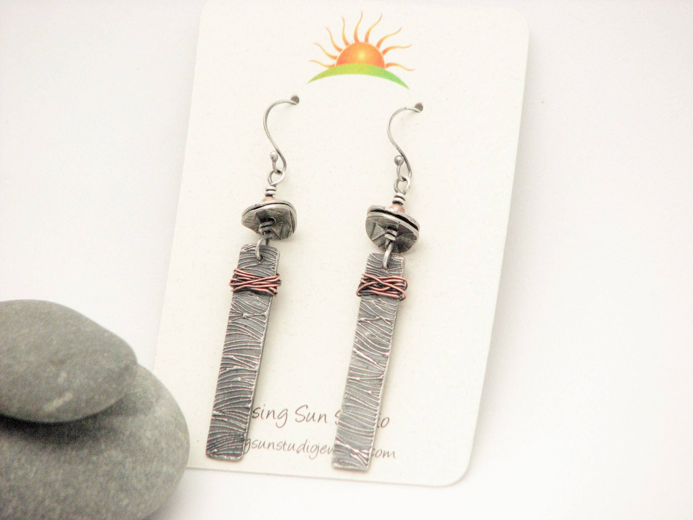 Silver Rectangle Dangle Earrings Mixed Metal Earthy Jewelry Rustic