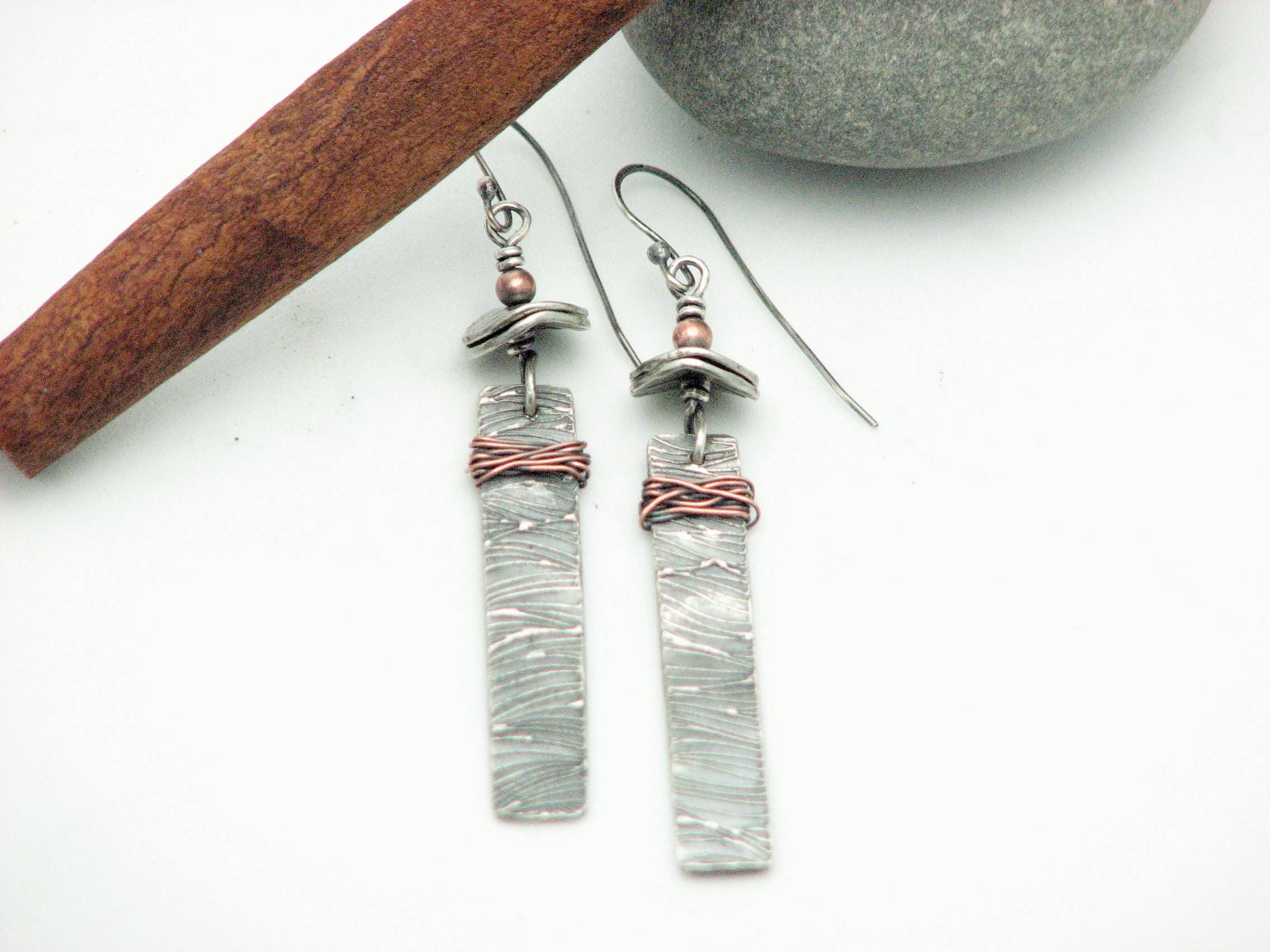 Silver Rectangle Dangle Earrings Mixed Metal Earthy Jewelry Rustic