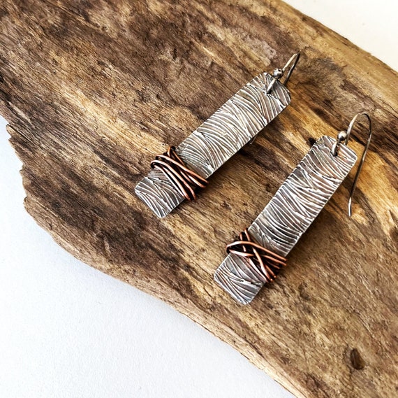 Raw Sterling Silver Earrings, Copper Wire Wrapped Mixed Metal, Handmade Bar Earrings, Rustic Oxidized Rectangle Artisan Made, Gifts for Her