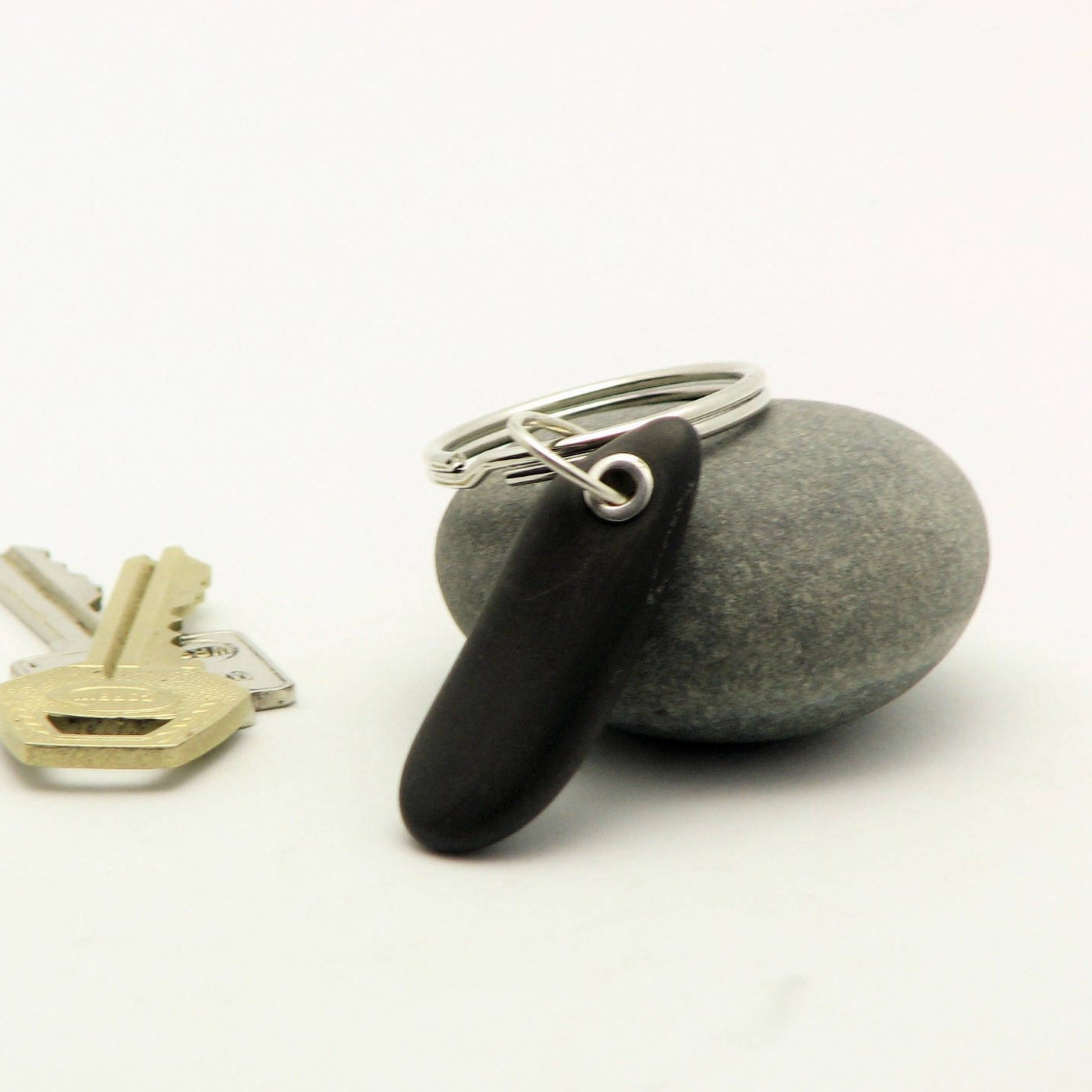 Beach Stone Key Chain Sterling Silver Rivet Black River Stone Lake Superior Gifts For Her Gifts For Him