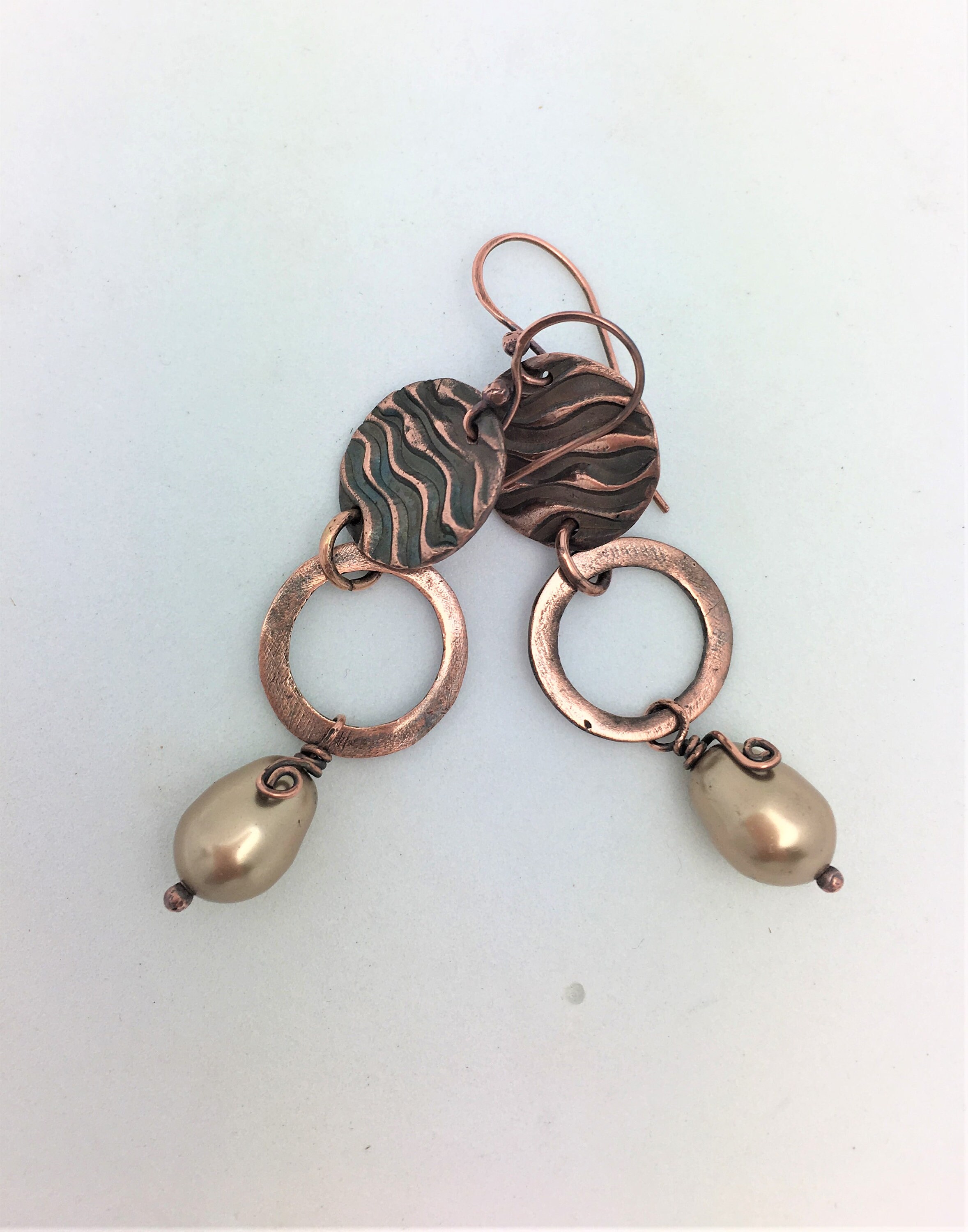 Copper Dangle Pearl Earrings Rustic Copper Jewelry Wire Wrapped Jewelry