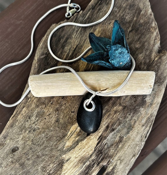 Beach Stone Jewelry Black Stone Necklace Sterling Silver Riveted Lake Superior Stone Vacation Travel Hiking Outdoors Organic Earthy Jewelry