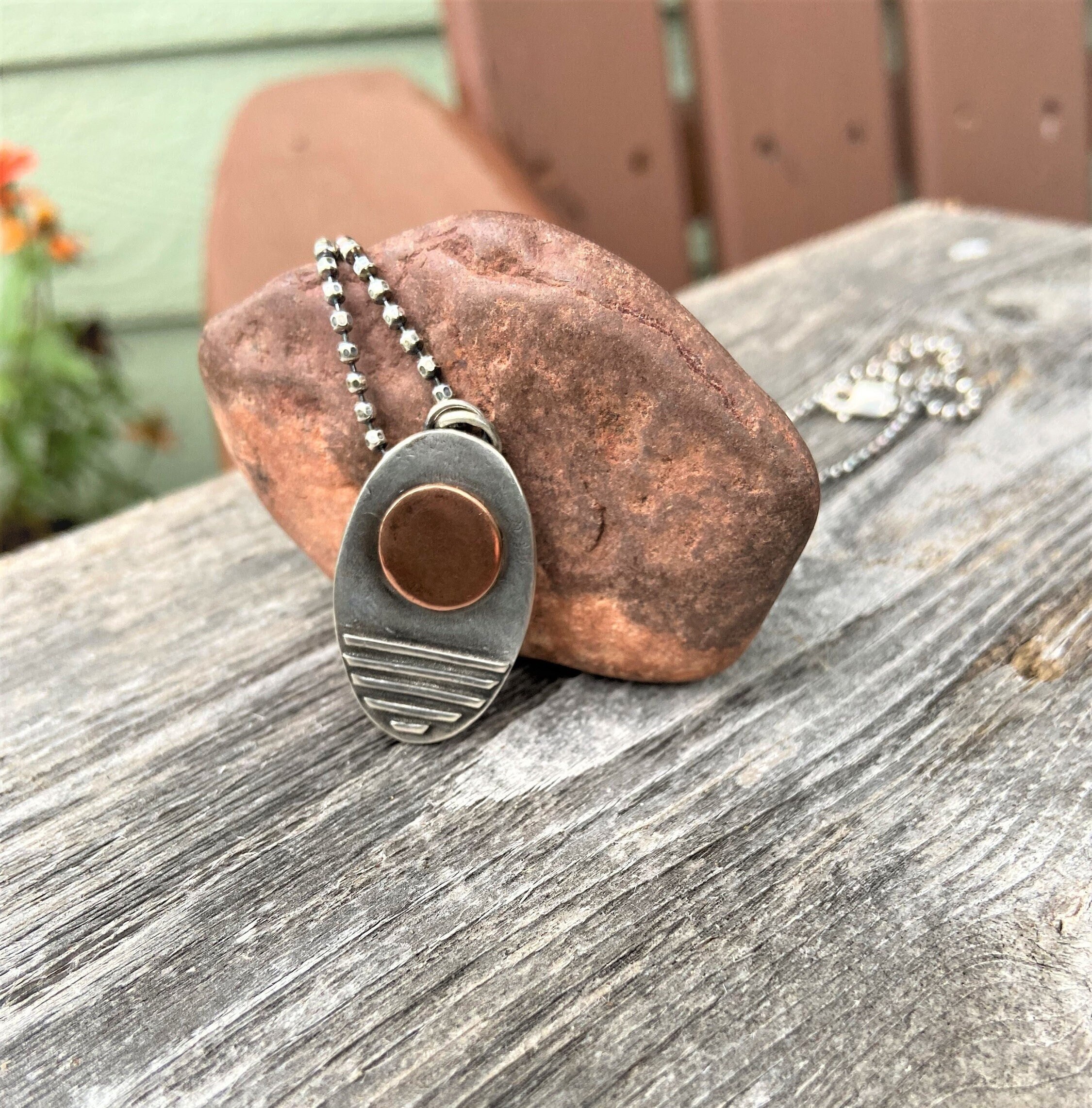 Sun Moon Necklace Copper and Sterling Silver Rustic Silver