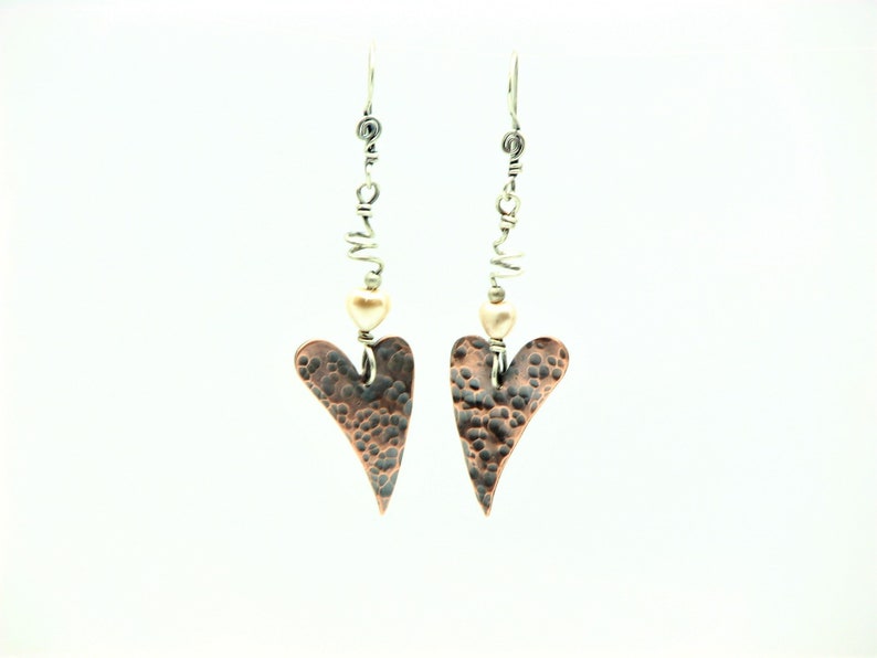 Heart Earrings Copper Jewelry Wire Wrapped Jewelry Hammered Copper Sterling Silver Mixed Metal Earrings Valentines Day