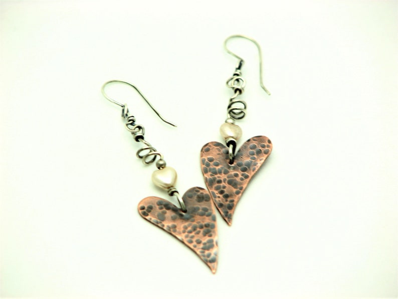 Heart Earrings Copper Jewelry Wire Wrapped Jewelry Hammered Copper Sterling Silver Mixed Metal Earrings Valentines Day
