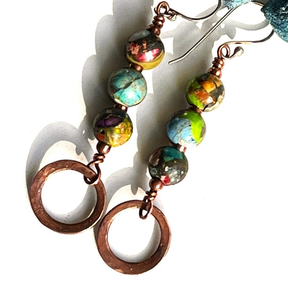 Copper Hoop Earrings, Long Dangle Everday Jewelry, Rustic Hippie Boho, Jasper Multicolored Bead Earrings, Modern Hippie Handmade Jewelry