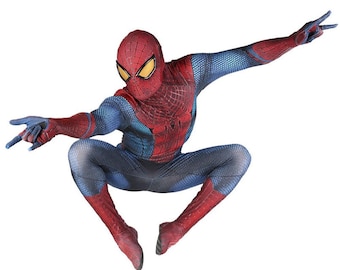 May include: A full-body Spiderman costume featuring a red and blue textured fabric with a honeycomb pattern. The suit includes a matching mask with large, white, angular eye lenses and a black spider emblem on the chest area.