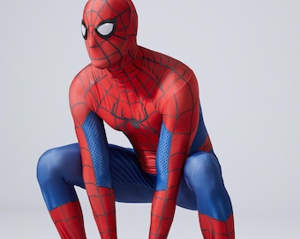 May include: A full-body spandex costume featuring a red and blue color scheme with a black spiderweb pattern printed across the red sections. The suit includes a matching mask with white mesh eye lenses and a black spider emblem on the chest.