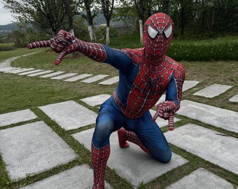 May include: A full-body Spider-Man costume featuring a red and blue spandex material with a black web pattern printed across the chest, arms, and legs. The mask includes large, white, reflective eye lenses and a matching red webbed design.