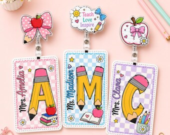 Monogram Teacher Badge Holder With Lanyard And Custom Name, Pencil Initial School ID Accessory Gift