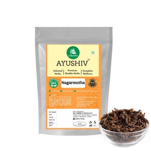 May include: A silver stand-up pouch labeled AYUSHIV Nagarmotha with an orange and white design, featuring text about premium quality herbs. Beside the pouch sits a clear glass bowl filled with dark brown, dried, textured herbal root pieces.