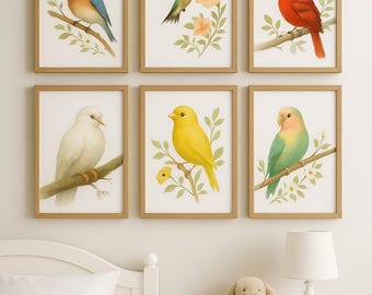 巣の中の鳥の家族の水彩画、森の保育園の鳥のアート、子供部屋用の