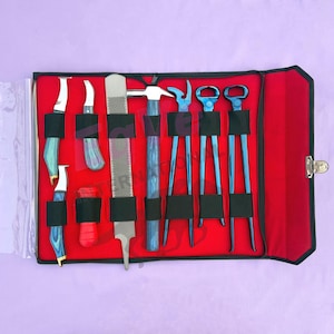 Puede incluir: Un estuche negro con forro rojo que contiene varias herramientas de herrador. Las herramientas incluyen cuchillos, una lima, un martillo y tenazas para cascos. Las herramientas tienen detalles azules y plateados y están aseguradas con correas negras.
