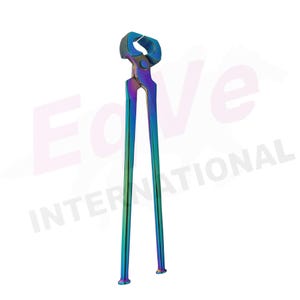 May include: A multi-colored farrier's nipper tool with a rainbow finish. The tool has a curved head and long handles. The nippers are designed for trimming and shaping horse hooves.