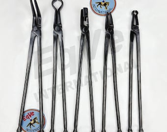 5 pcs blacksmith tong set Hand forged forging Tools | V -Bit, Flat Jaw, Box Jaw, Bolt & pick-up tongs | blacksmith tools for forge use