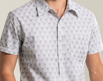 Short Sleeve White Mens Shirt, Button Up Shirt, Button Down Shirt, 100% Cotton, Geometric Shirt, Cube Pattern Shirt