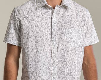 Mens White Button Up Shirt Psychedelic LSD-25 Molecule, All Over Print Short Sleeved Button Down Shirt Mens