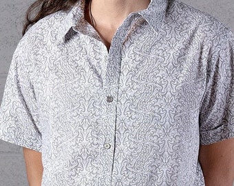 White Printed Button Up Shirt For Men Short Sleeve Cotton Button Down Psychedelic Festival Wear Urban Clothing