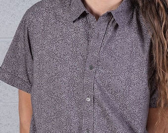 Gray Cotton Button Up Shirt For Men Short Sleeve Button Down Shirt Psychedelic Festival Fashion Urban Streetwear