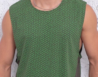 Sacred Geometry Men Tank In Olive, Silk Screen Print, Psychedelic Mens Tank Top, Seed Of Life Man Top