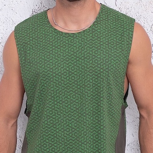 Sacred Geometry Men Tank In Olive, Silk Screen Print, Psychedelic Mens Tank Top, Seed Of Life Man Top